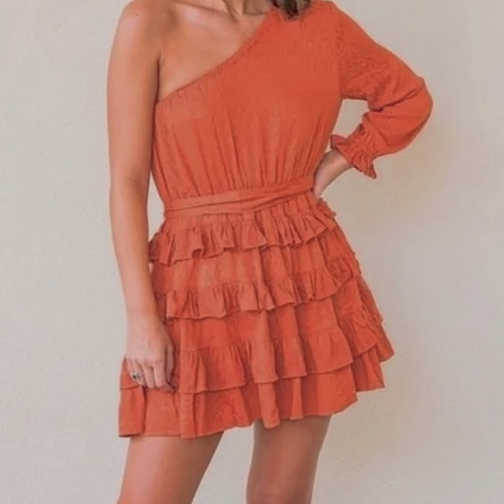 One Shoulder Orange Ruffle Dress Size Small